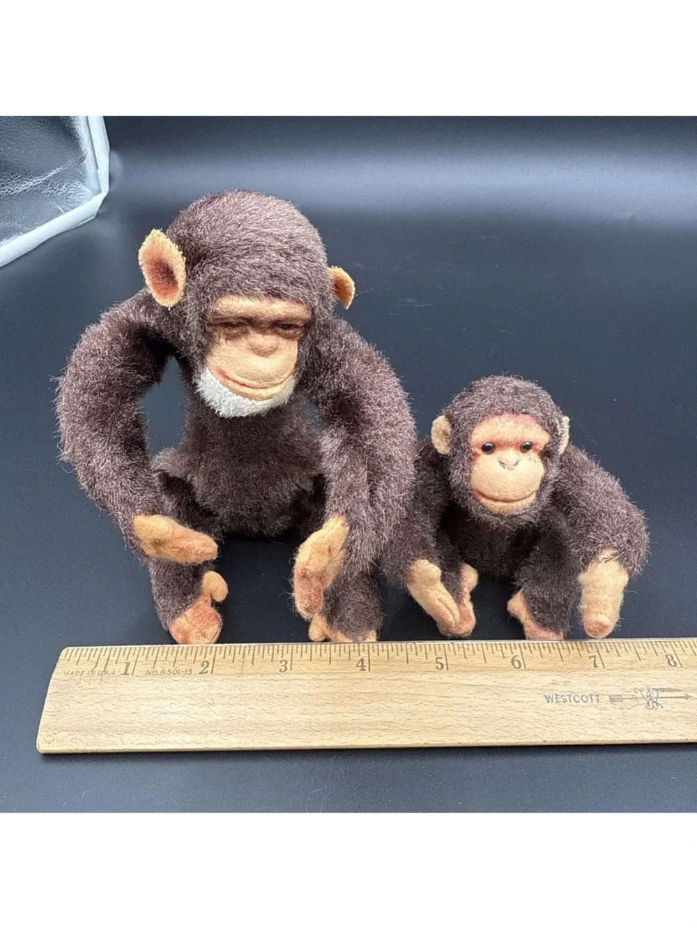 Vintage Stuffed Articulating Monkey Set Of 2 Mid Century 5” & 9” Head To Toe